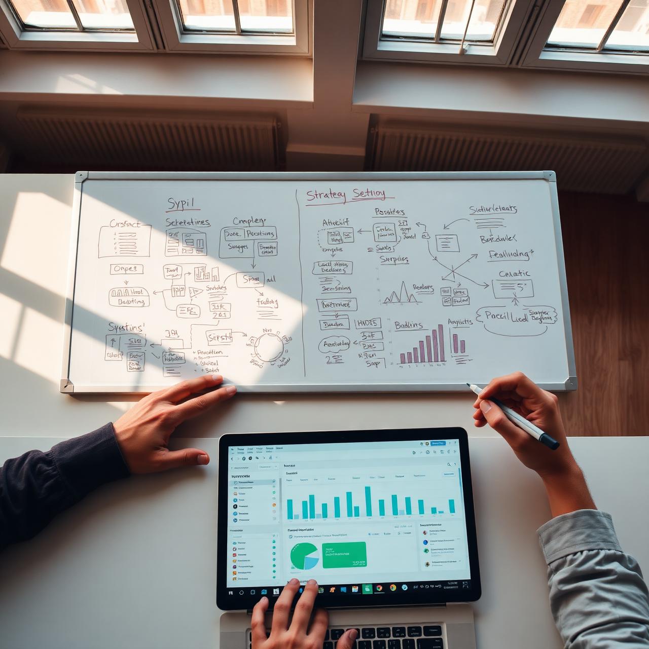 Sesión de estrategia con whiteboard y analytics